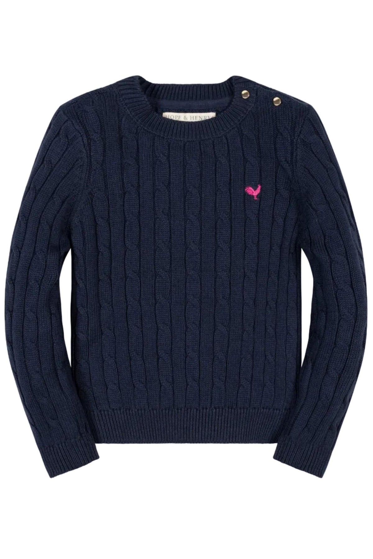 Navy blue organic cotton crew neck cable sweater featuring an all-over cable knit design and gold shoulder buttons. Ideal for toddlers and girls, combining style and comfort.