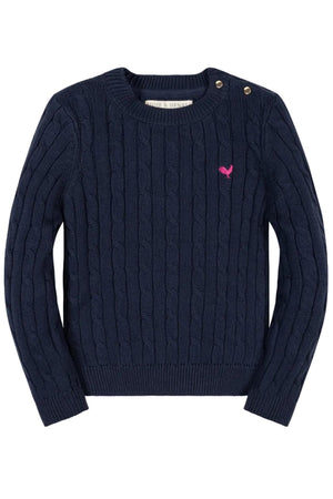 Navy blue organic cotton crew neck cable sweater featuring an all-over cable knit design and gold shoulder buttons. Ideal for toddlers and girls, combining style and comfort.