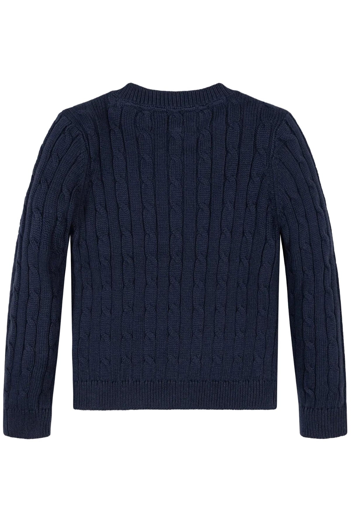Back view of a navy organic cotton crew neck cable sweater featuring a textured cable knit design. Ideal for toddlers and girls, this sustainable piece combines style and comfort.