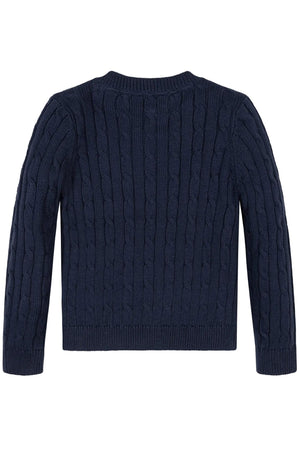 Back view of a navy organic cotton crew neck cable sweater featuring a textured cable knit design. Ideal for toddlers and girls, this sustainable piece combines style and comfort.