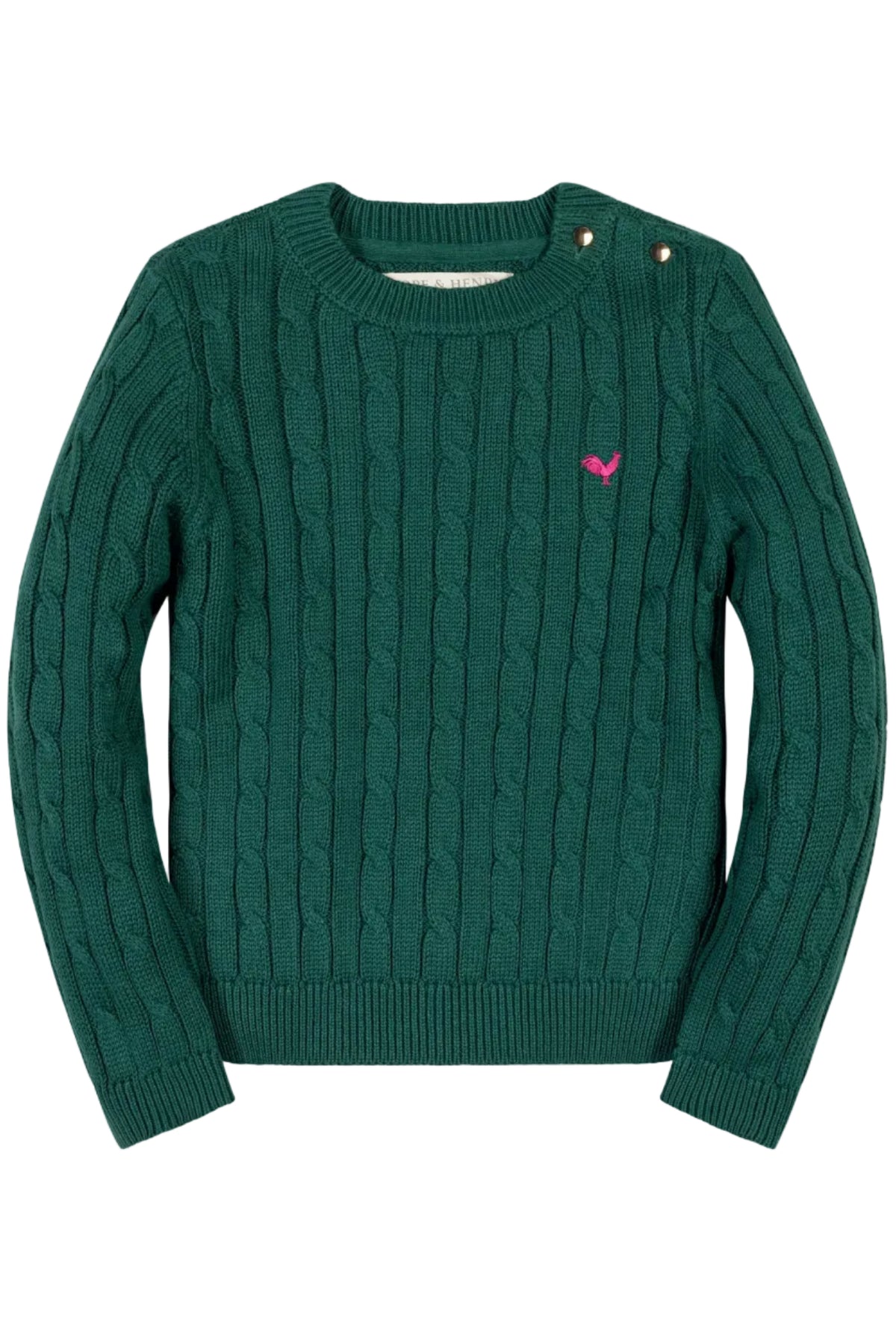 A rich green cable knit sweater made from 100% organic cotton, featuring a classic crew neck and decorative pink logo on the chest, suitable for toddlers and girls.