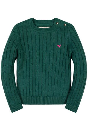 A rich green cable knit sweater made from 100% organic cotton, featuring a classic crew neck and decorative pink logo on the chest, suitable for toddlers and girls.