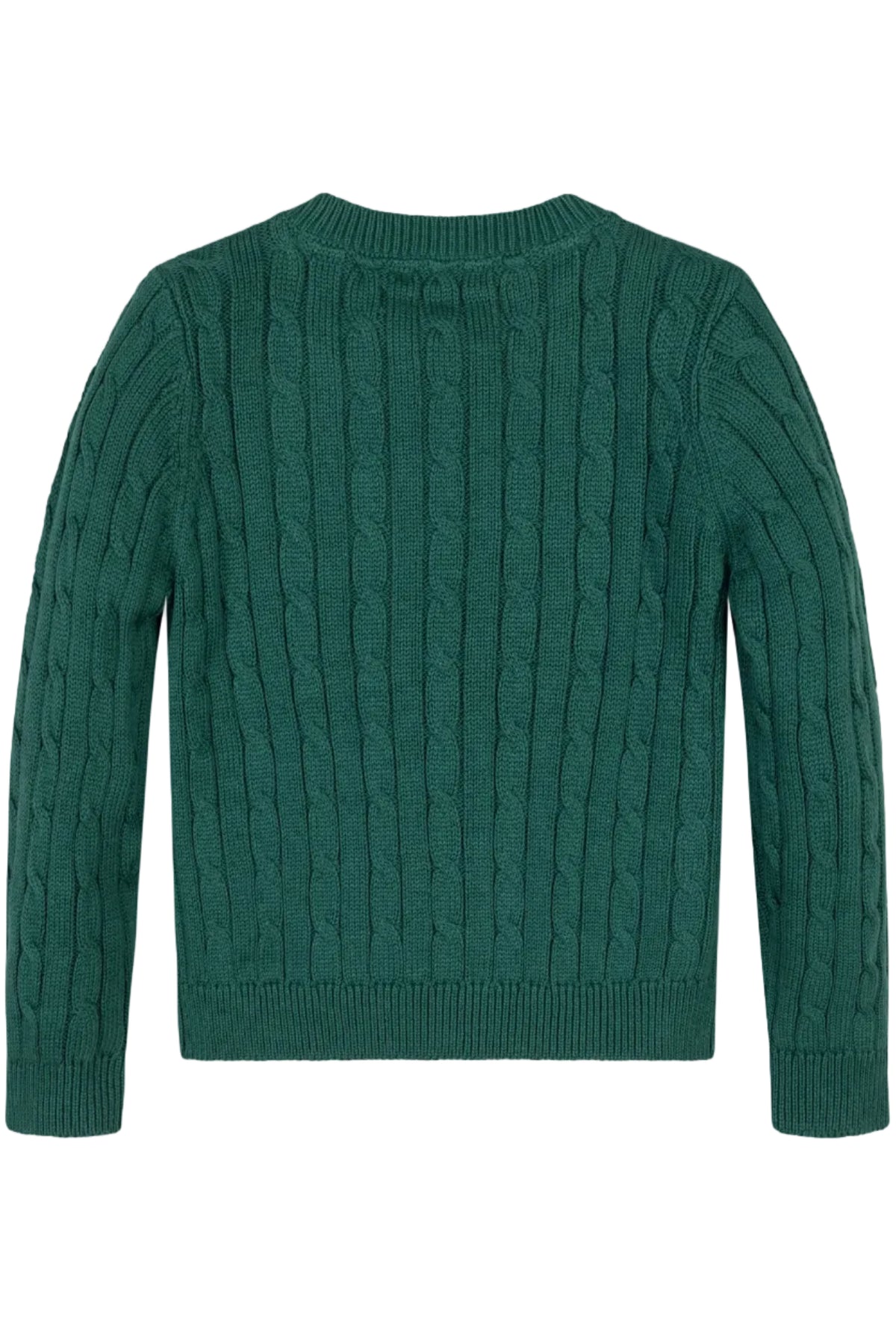 Back view of a textured green cable knit sweater made from 100% GOTS Certified organic cotton, designed for toddlers and girls, showcasing its soft and breathable material.