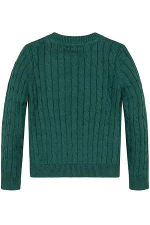 Back view of a textured green cable knit sweater made from 100% GOTS Certified organic cotton, designed for toddlers and girls, showcasing its soft and breathable material.