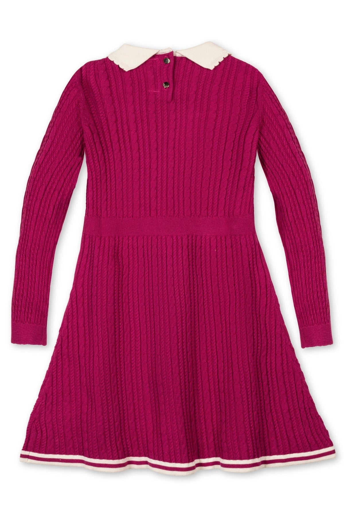 A vibrant fuchsia sweater dress features a textured cable knit design, scalloped white collar, and long sleeves. It’s made from soft organic cotton, perfect for toddlers and girls.