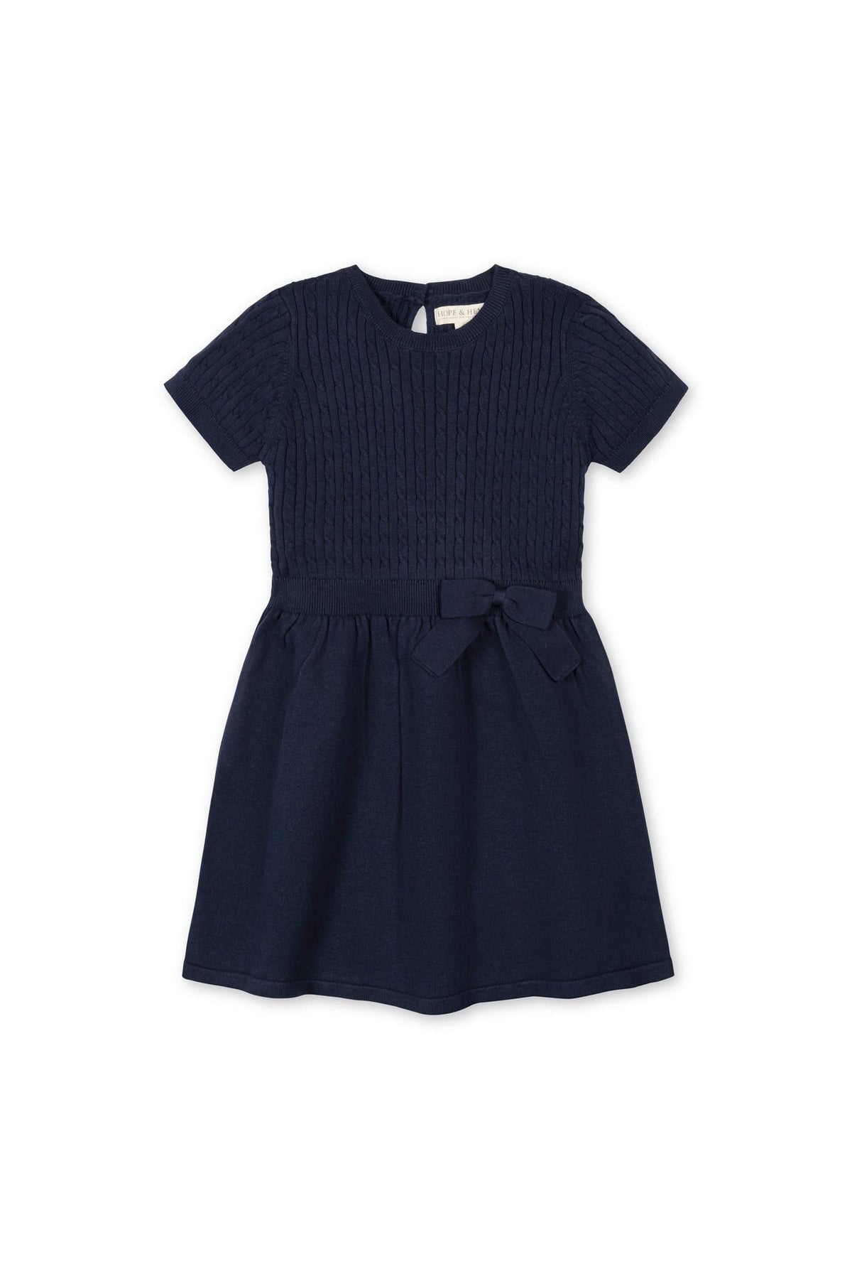 Navy short sleeve cable knit sweater dress featuring a textured bodice and a bow detail at the waist, crafted from 100% organic cotton for toddler and girls’ comfort and style.
