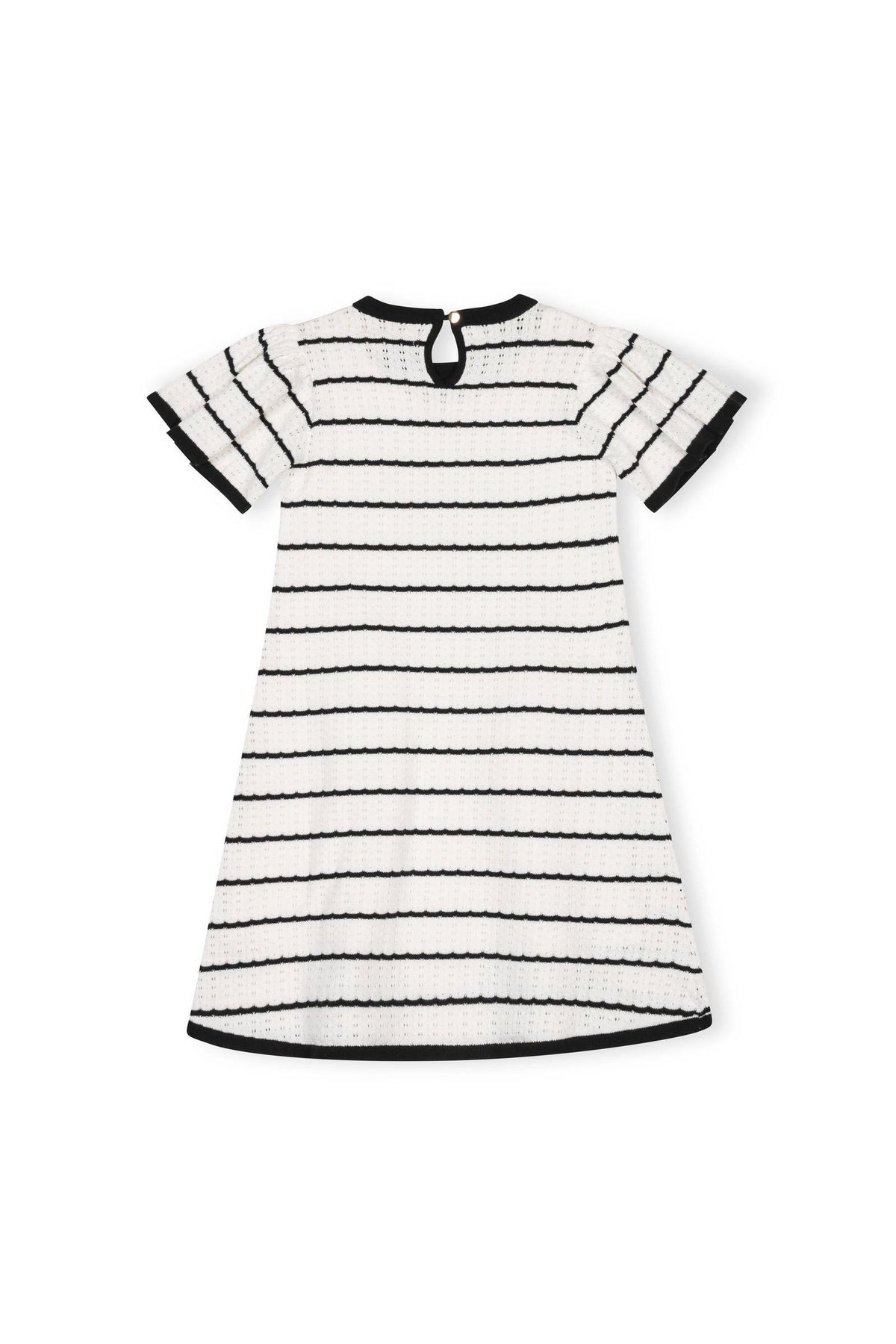 Back view of a toddler and girls A-line sweater dress in black and white organic cotton, featuring short sleeves, a pointelle design, and a button closure at the neckline.