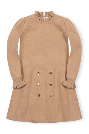 A camel-colored organic cotton sweater dress featuring a mock neck, ruffle trim at the collar and cuffs, and gold buttons on the skirt, designed for toddlers and kids.