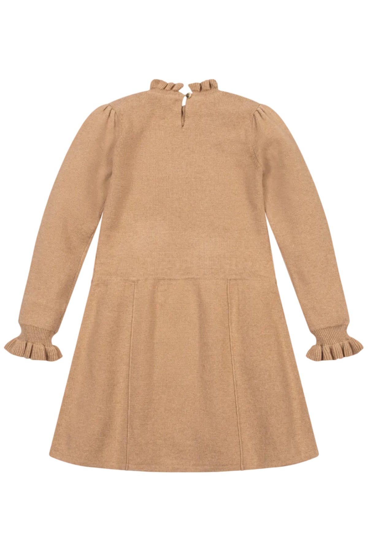 A back view of a camel-colored organic cotton sweater dress featuring long sleeves with ruffle cuffs and a ruffled mock neck, designed for toddlers and kids.
