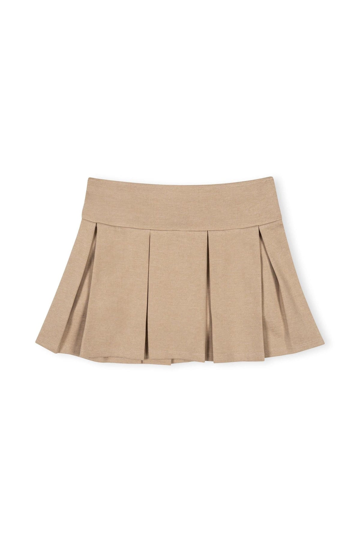 Pleated skort in camel color made from organic cotton, featuring a comfortable waistband and classic schoolgirl style, ideal for toddlers and girls. Perfect for school uniforms and everyday wear.