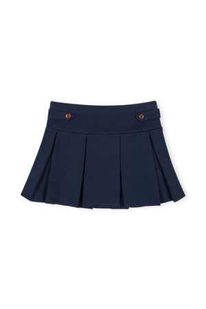 Classic navy pleated skort featuring button tab details, designed for toddlers and girls. Made from soft, comfortable fabric, it offers a polished look suitable for school and everyday wear.