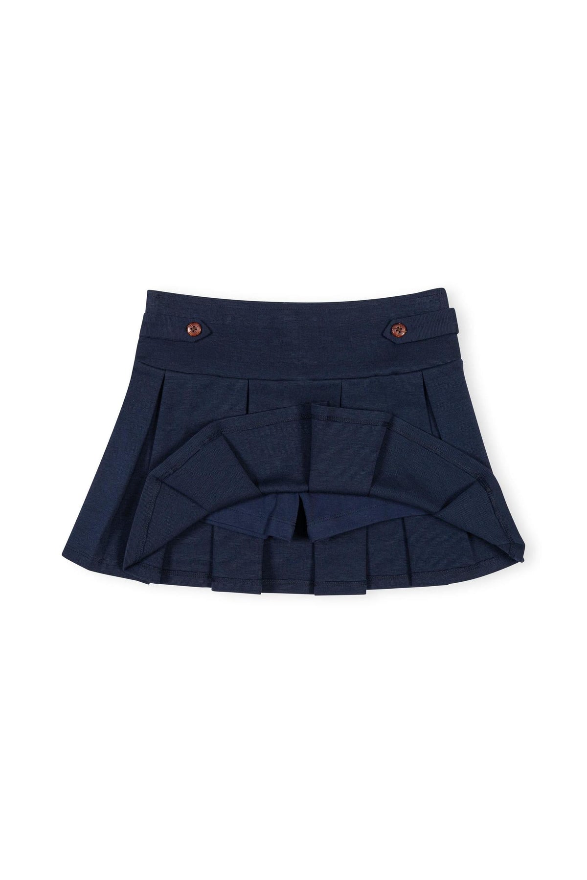 Navy classic ponte pleated skort featuring button tab details, designed for toddlers and girls. The soft jersey inner short offers comfort and coverage for active play and school settings.