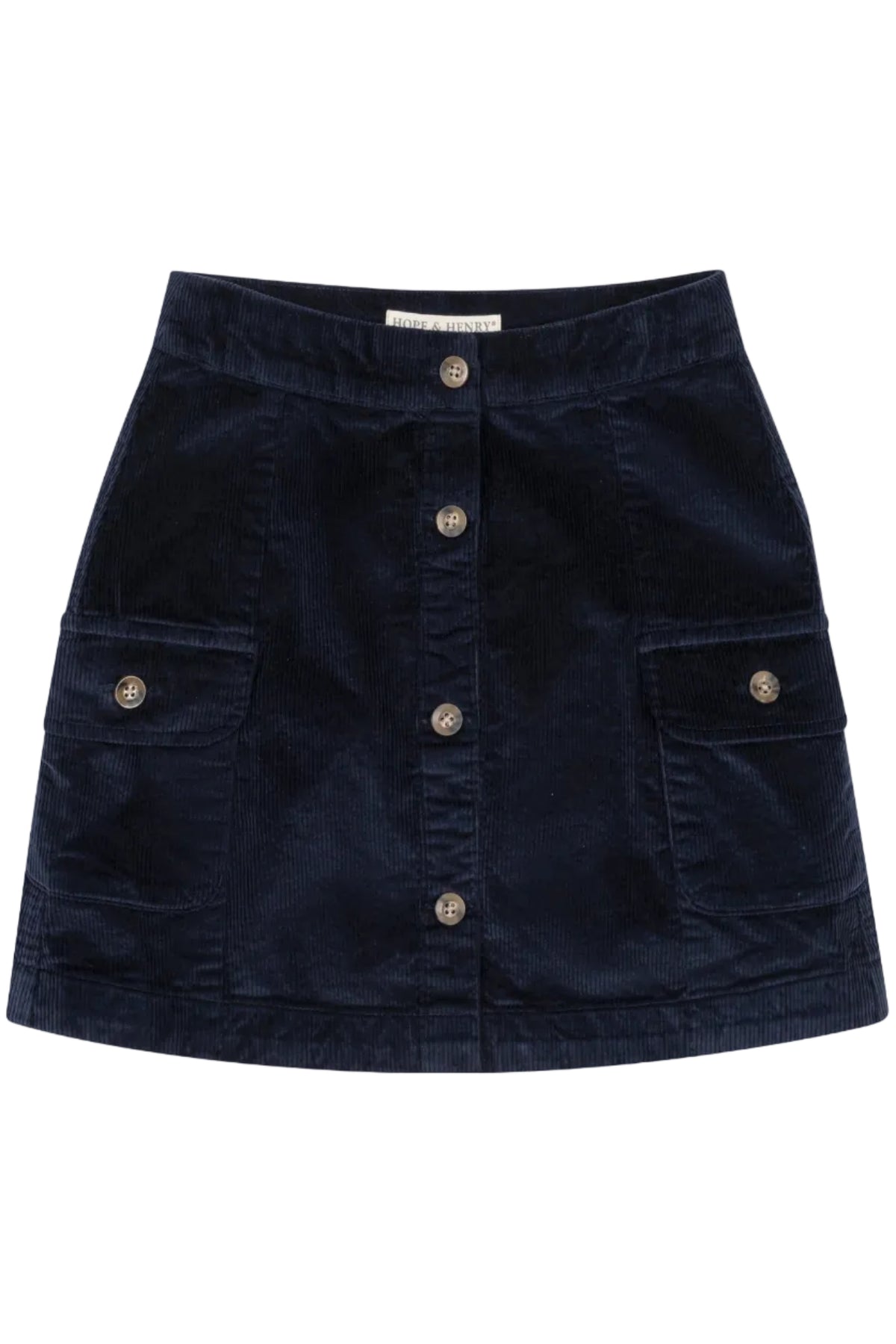 Navy corduroy button-front skirt featuring two front pockets and a classic design, made from GOTS certified organic cotton, ideal for toddlers and girls. Perfect for stylish, eco-friendly outfits.