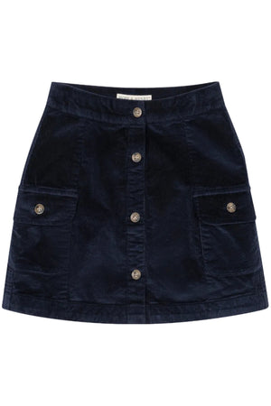 Navy corduroy button-front skirt featuring two front pockets and a classic design, made from GOTS certified organic cotton, ideal for toddlers and girls. Perfect for stylish, eco-friendly outfits.