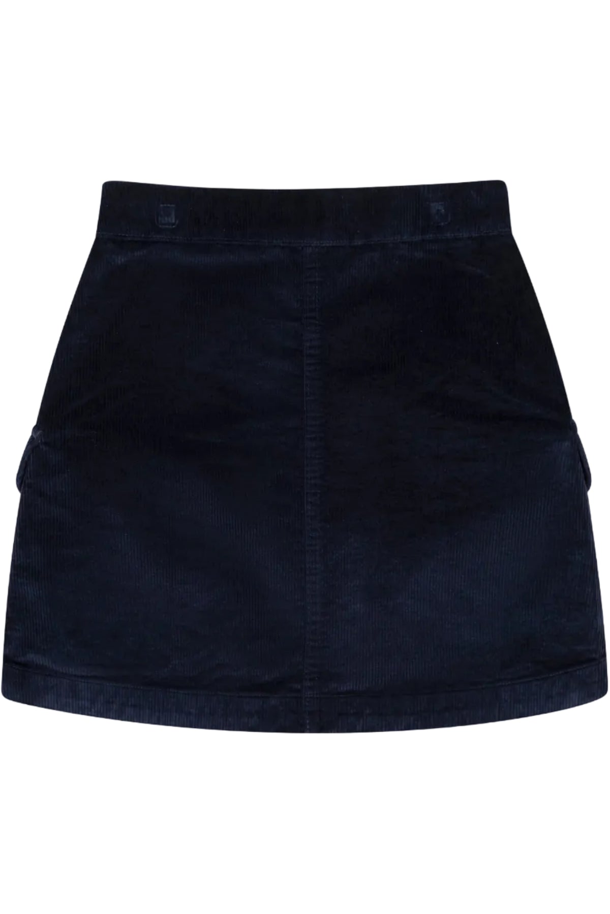 Navy organic cotton corduroy skirt features a classic design with a button front and side pockets, perfect for toddlers and girls, offering both style and comfort.