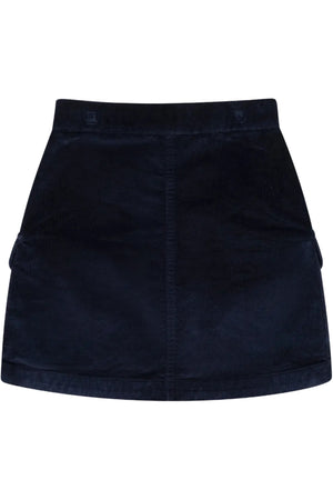 Navy organic cotton corduroy skirt features a classic design with a button front and side pockets, perfect for toddlers and girls, offering both style and comfort.