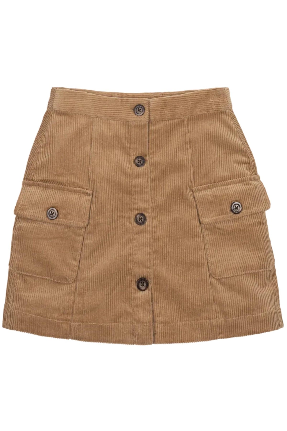 Brown organic cotton corduroy skirt featuring a button front and two side pockets. This stylish piece is designed for toddlers and girls, making it a versatile fall staple.