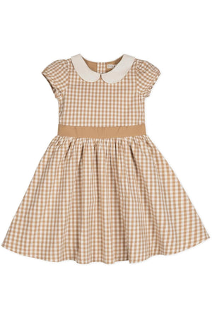 Organic Cotton Stretch Poplin Peter Pan Collar Dress, Tan Gingham, Toddler & Kids