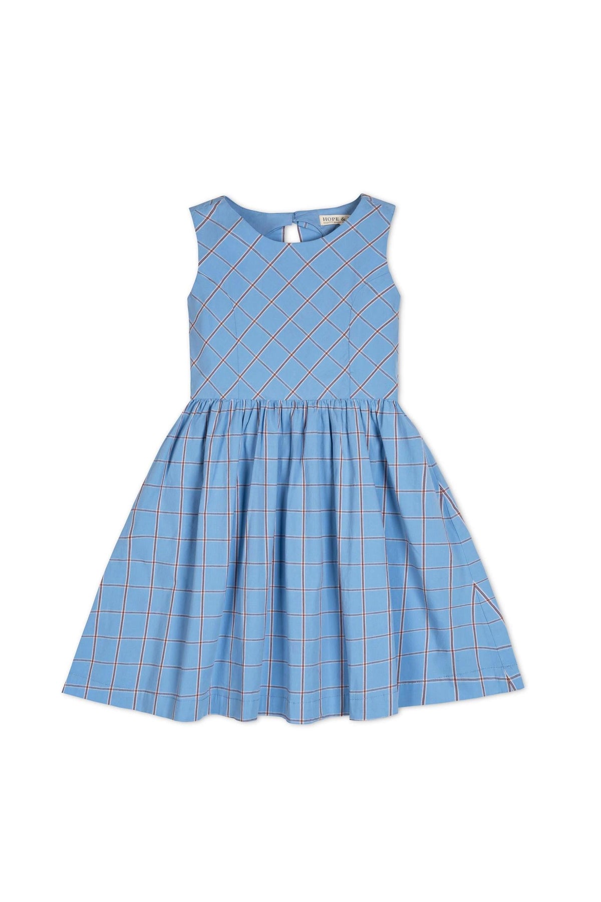 A sleeveless, fit-and-flare dress featuring a blueberry plaid pattern with white and red lines.