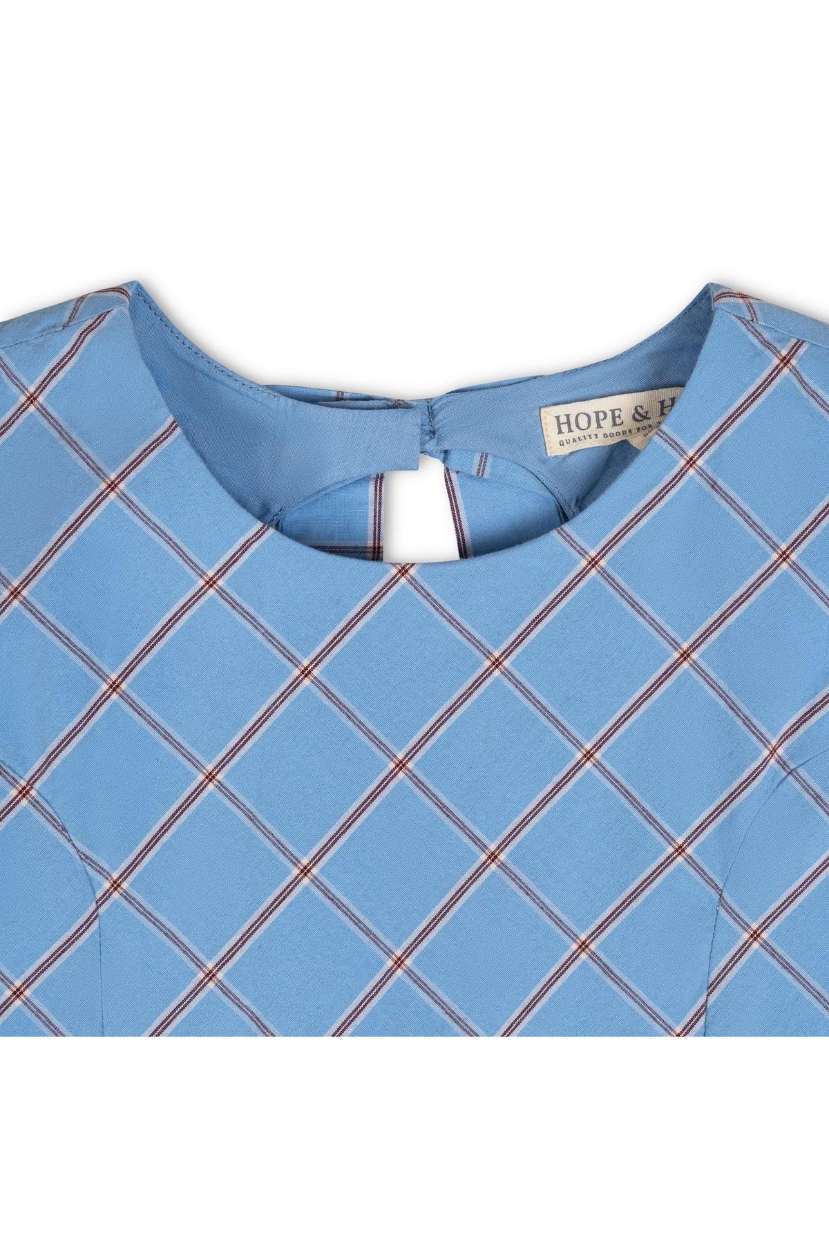 Close-up of a blue plaid dress featuring a round neckline and a button back closure, made from organic cotton.