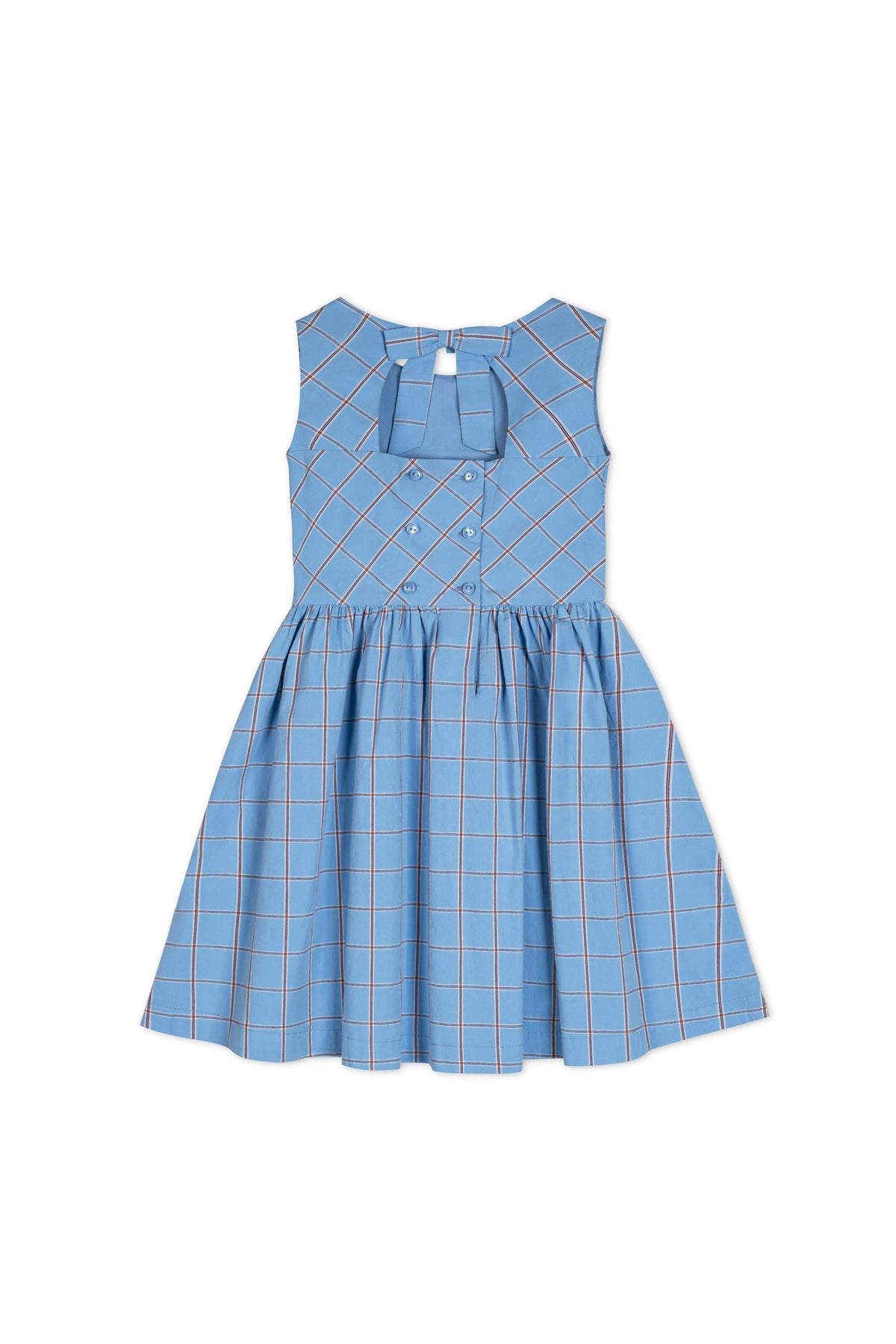 A sleeveless, fit-and-flare dress in blueberry plaid features a bow at the back neck and a button closure. Made from organic cotton, its perfect for toddlers and young girls.
