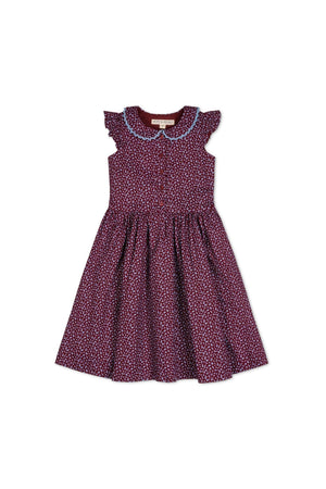 A wine-colored linen dress featuring a Peter Pan collar, delicate crochet trim, and flutter sleeves. The dress is adorned with a floral print, perfect for toddlers and girls.