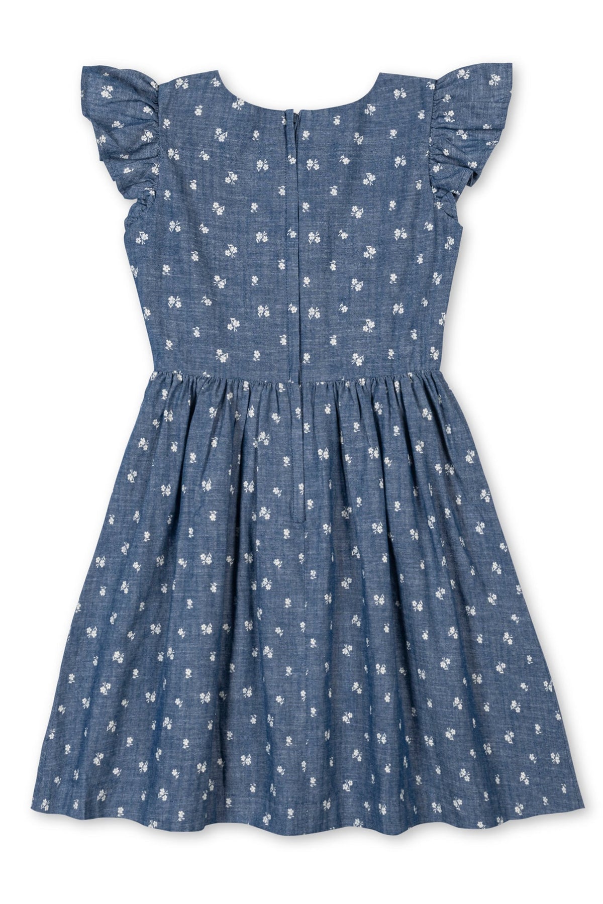 A chambray dress featuring ruffle sleeves and delicate white floral patterns. Made from soft organic cotton, it is perfect for toddlers and kids, combining style with comfort.