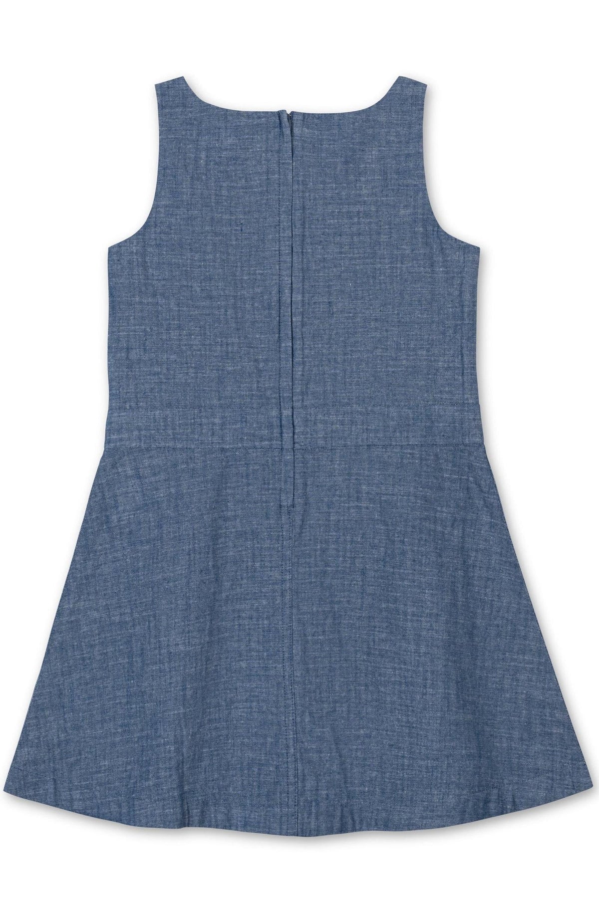Back view of a blue chambray dress with a sleeveless design and a zipper closure, made from 100% organic cotton, suitable for toddlers and girls.