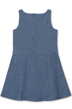 Back view of a blue chambray dress with a sleeveless design and a zipper closure, made from 100% organic cotton, suitable for toddlers and girls.