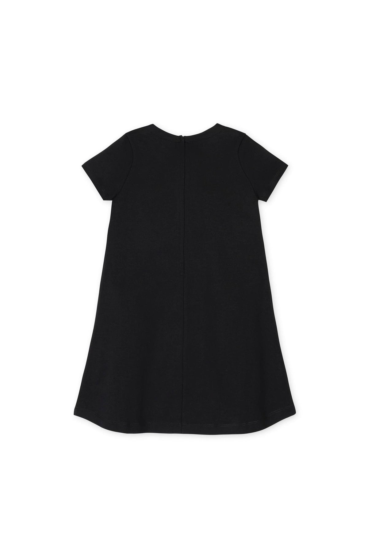 Back view of a black A-line dress with short sleeves and a ruffle placket. Made from organic cotton, this dress is designed for toddlers and girls, offering a timeless, comfortable.