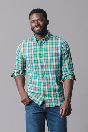 Organic Cotton Stretch Poplin Shirt, Green Classic Plaid, Men, Family Matching
