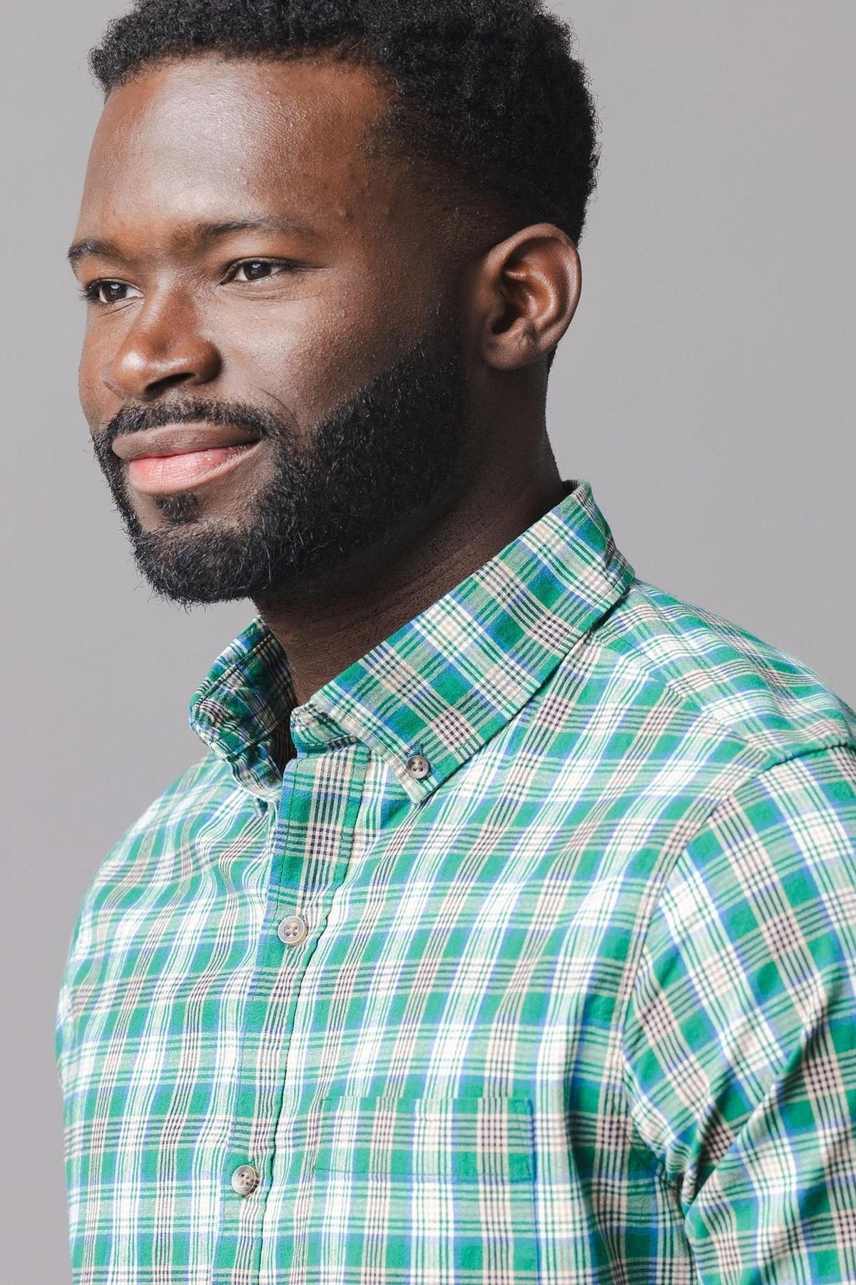 Organic Cotton Stretch Poplin Shirt, Green Classic Plaid, Men, Family Matching