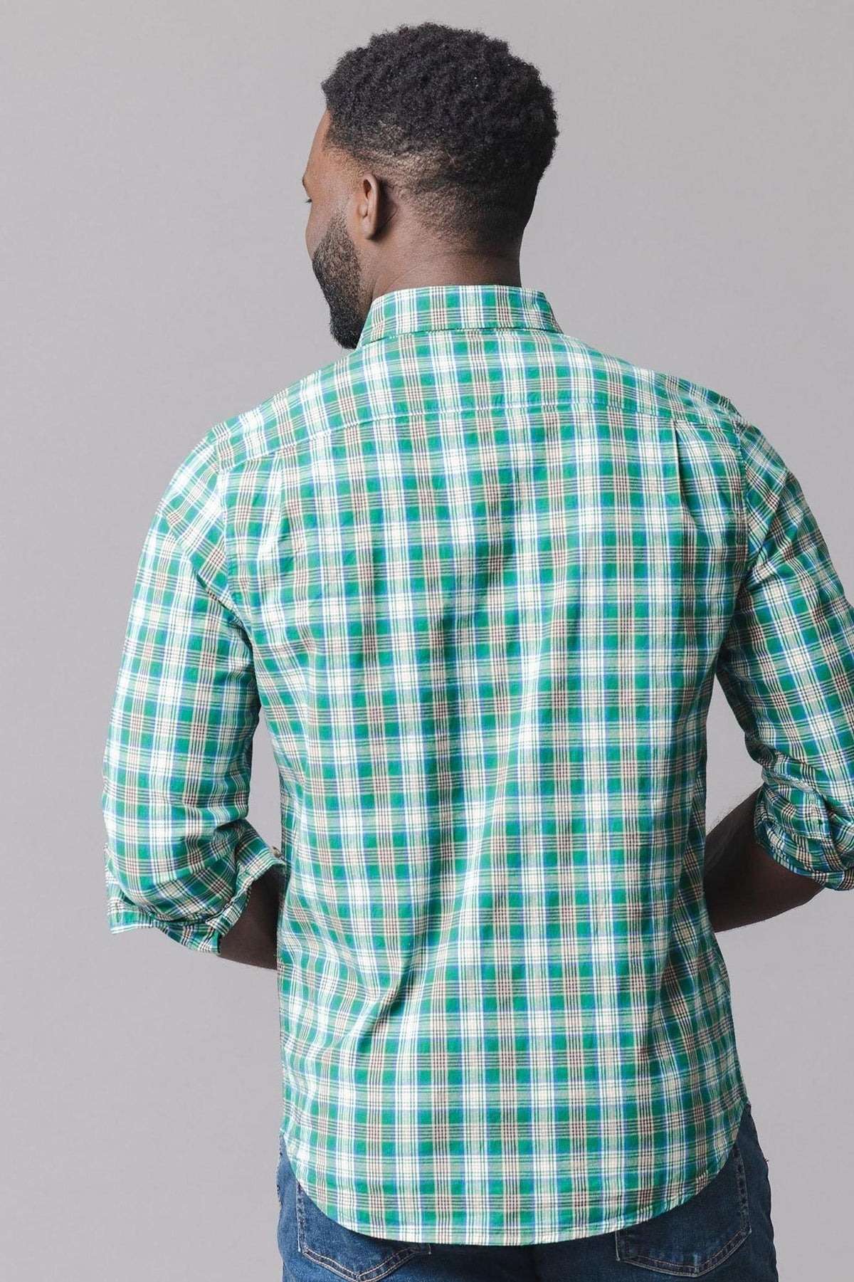 Organic Cotton Stretch Poplin Shirt, Green Classic Plaid, Men, Family Matching
