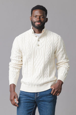 Organic Cotton Mock Neck Cable Sweater, Ivory, Men, Family Matching