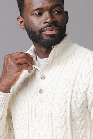 Organic Cotton Mock Neck Cable Sweater, Ivory, Men, Family Matching