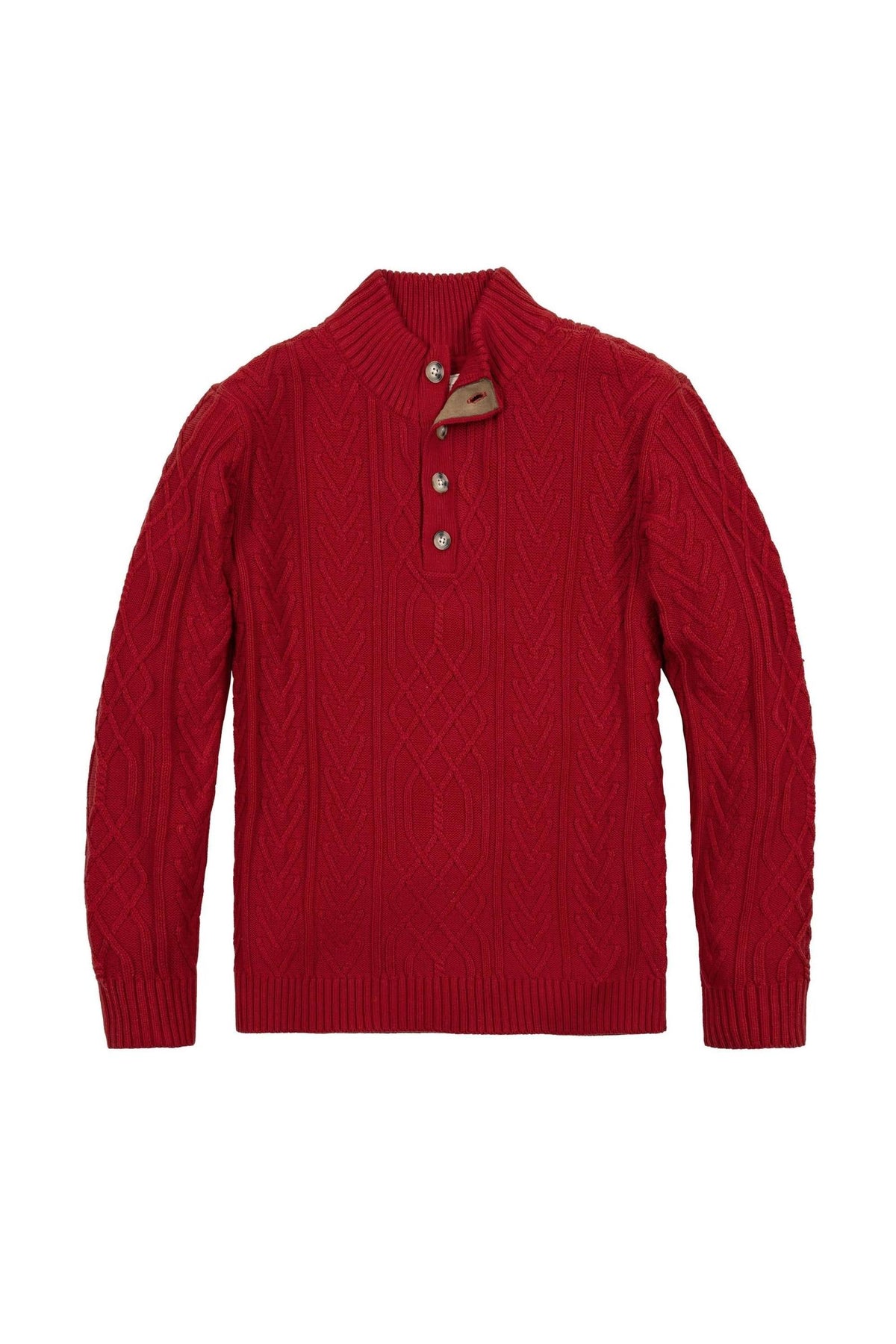 A vibrant red mock neck sweater made from soft organic cotton features an allover cable knit design and a faux suede button placket, ideal for cool weather attire.