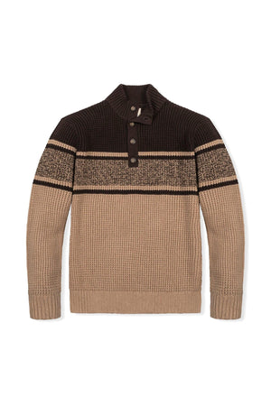 A cozy organic cotton mock neck sweater featuring a textured waffle knit in earthy tones of brown and beige.