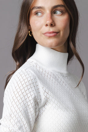 Organic Cotton Diamond Stitch Mock Neck Sweater, White, Women, Family Matching