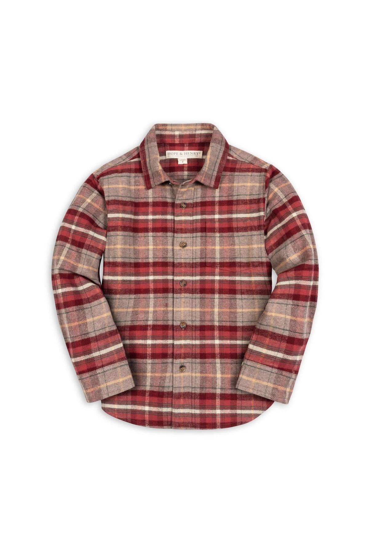 Organic cotton flannel shirt in rosy taupe plaid, featuring soft, sueded fabric and button cuffs. Ideal for ages 2T-18, this sustainable shirt combines comfort and style for everyday wear.