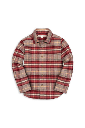 Organic cotton flannel shirt in rosy taupe plaid, featuring soft, sueded fabric and button cuffs. Ideal for ages 2T-18, this sustainable shirt combines comfort and style for everyday wear.