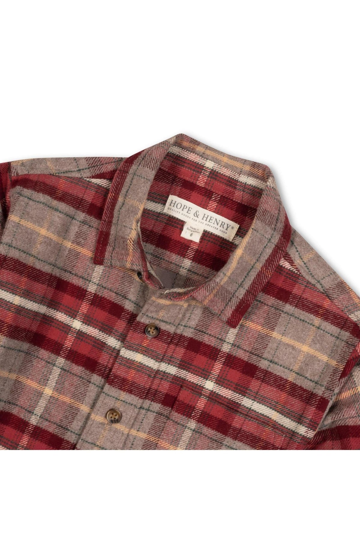 A close-up of a rosy taupe plaid flannel shirt by Hope & Henry, featuring a button-down collar and wooden buttons.