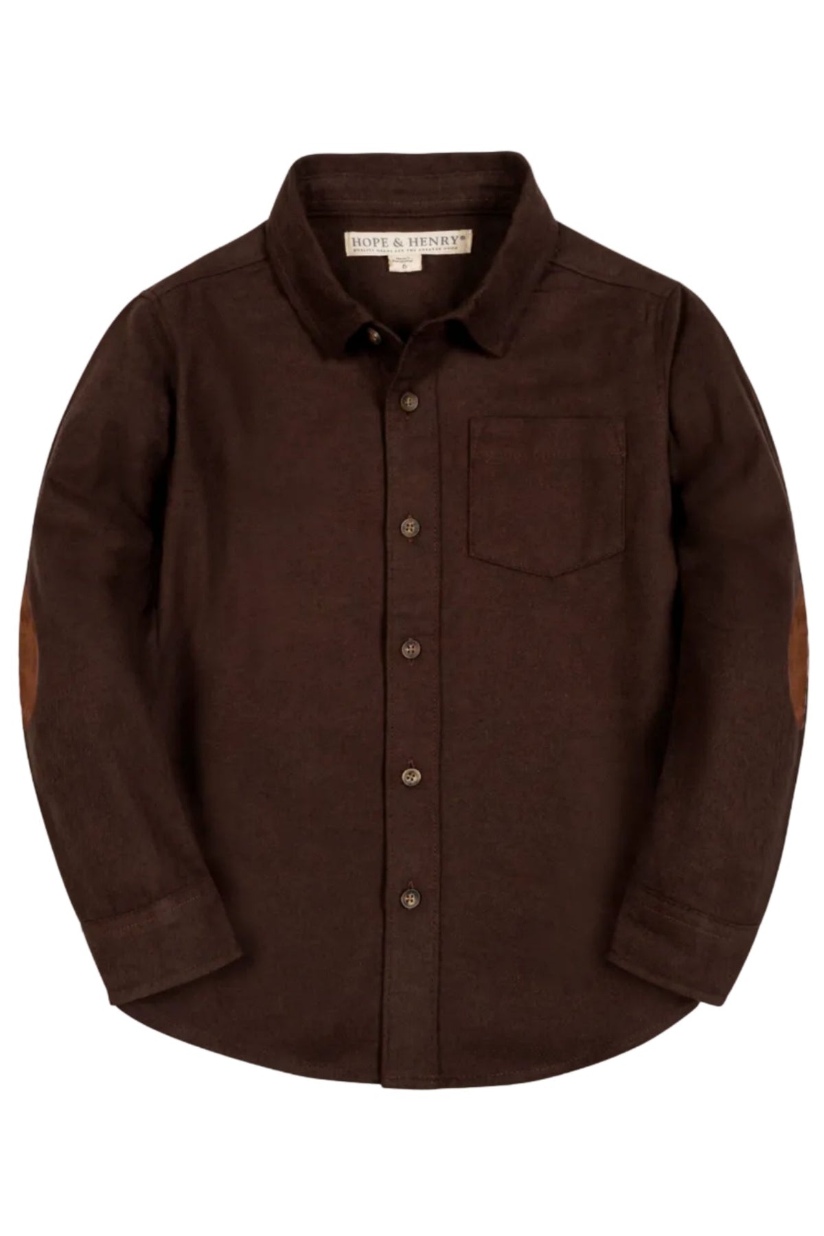 Organic Cotton Flannel Shirt with Elbow Patches, Brown, Size 2T-18