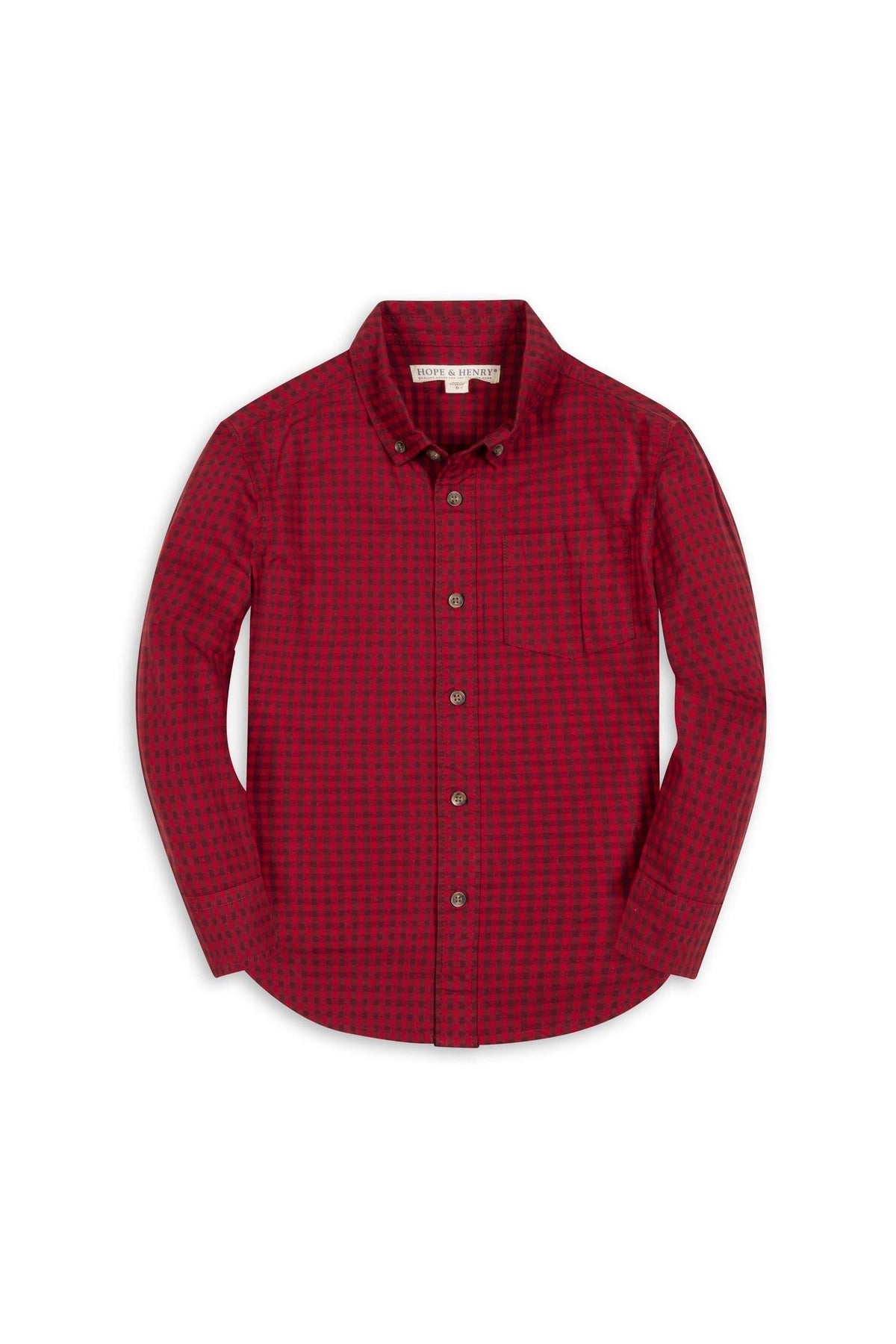 A vibrant red gingham long sleeve button-down shirt made from soft organic cotton. This stylish shirt features a functional chest pocket and is suitable for children aged 2T to 18.