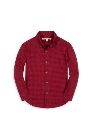 A vibrant red gingham long sleeve button-down shirt made from soft organic cotton. This stylish shirt features a functional chest pocket and is suitable for children aged 2T to 18.
