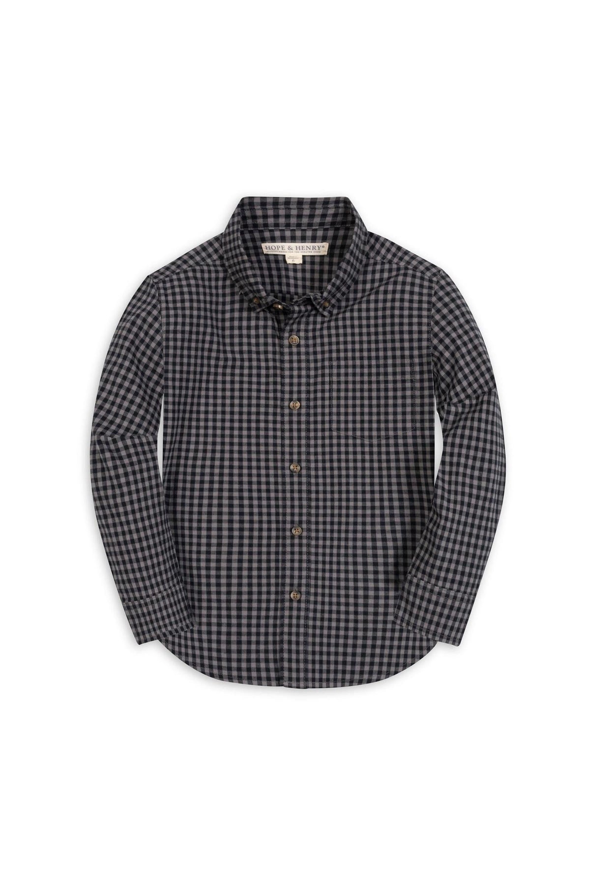 A black gingham long sleeve button-down shirt made from organic cotton poplin, featuring a classic collar and wooden buttons, suitable for children sizes 2T to 18.