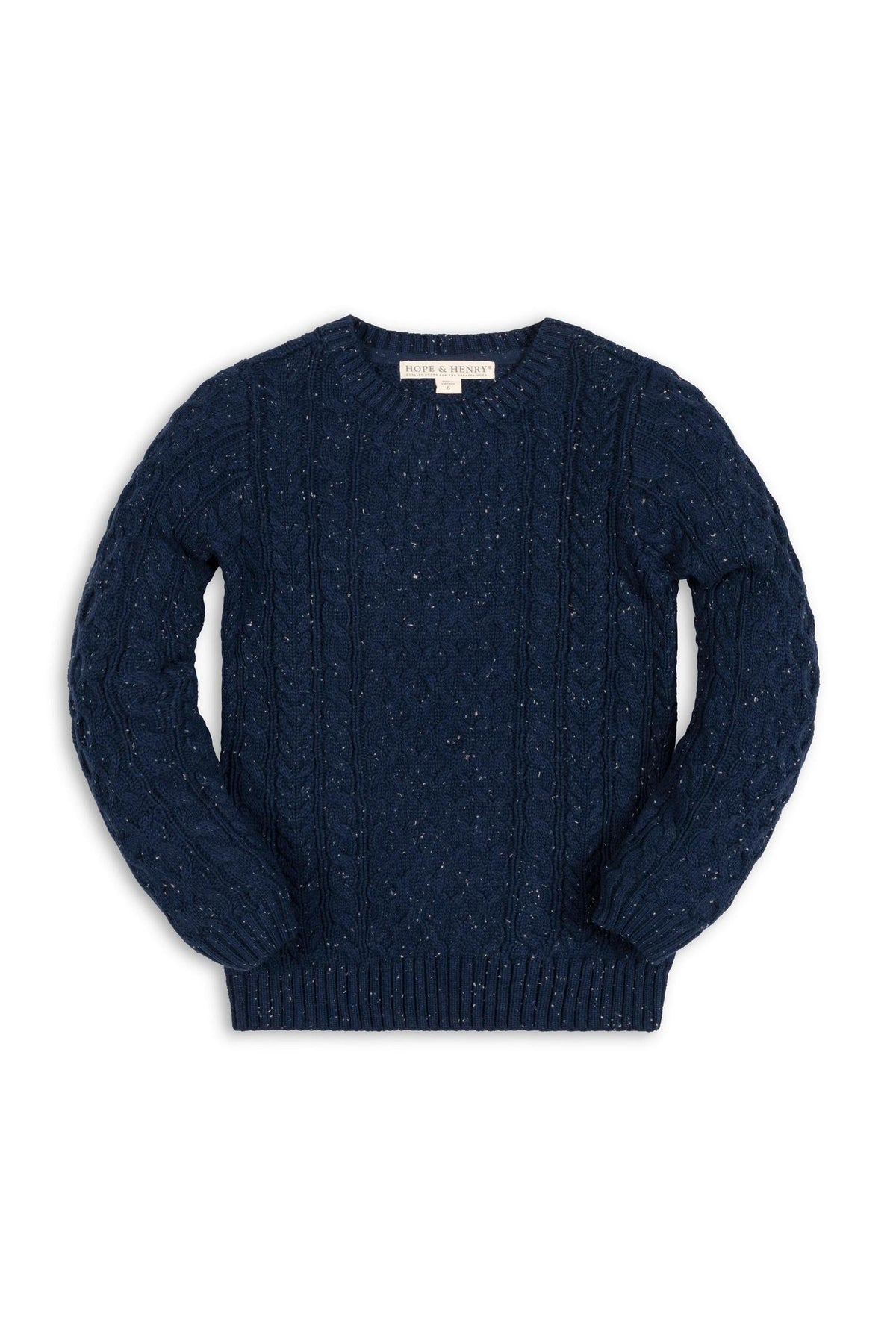 Navy organic cotton fisherman sweater featuring a traditional cable knit design. This soft, pullover style is perfect for keeping kids warm during the colder months.