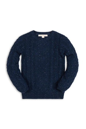 Navy organic cotton fisherman sweater featuring a traditional cable knit design. This soft, pullover style is perfect for keeping kids warm during the colder months.