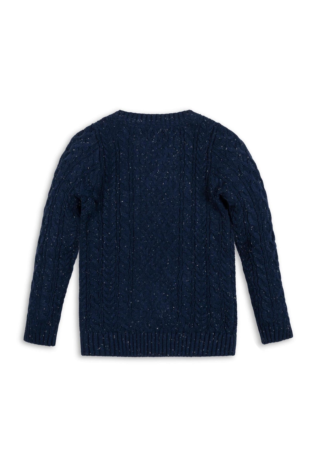 Back view of a navy organic cotton fisherman sweater with a traditional cable knit design, featuring a cozy pullover style. Ideal for children aged 2T-18, promoting sustainable fashion.