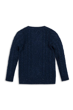 Back view of a navy organic cotton fisherman sweater with a traditional cable knit design, featuring a cozy pullover style. Ideal for children aged 2T-18, promoting sustainable fashion.