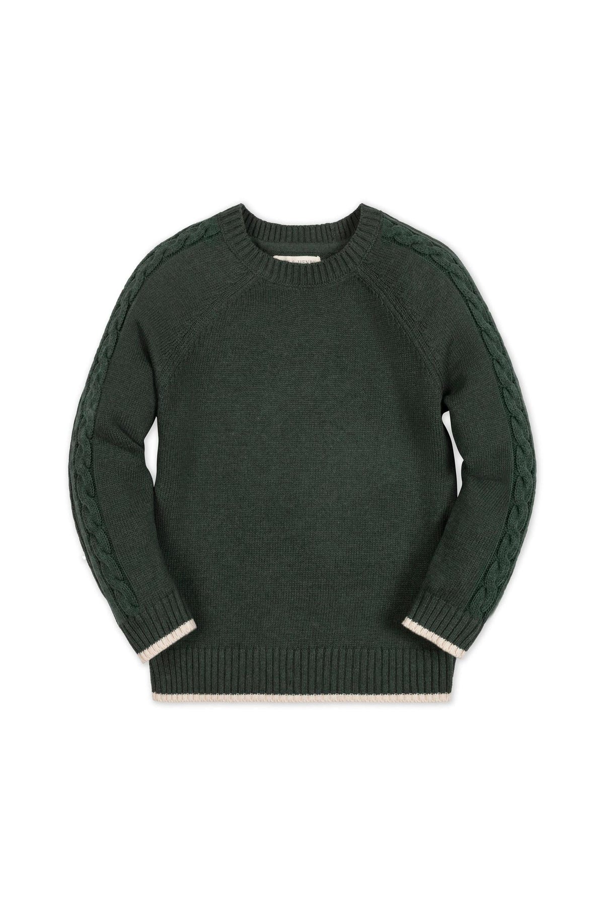 Forest green organic cotton crew neck sweater featuring sporty raglan sleeves with cable details and contrast tipping at the collar and cuffs. Ideal for children ages 2T-18.